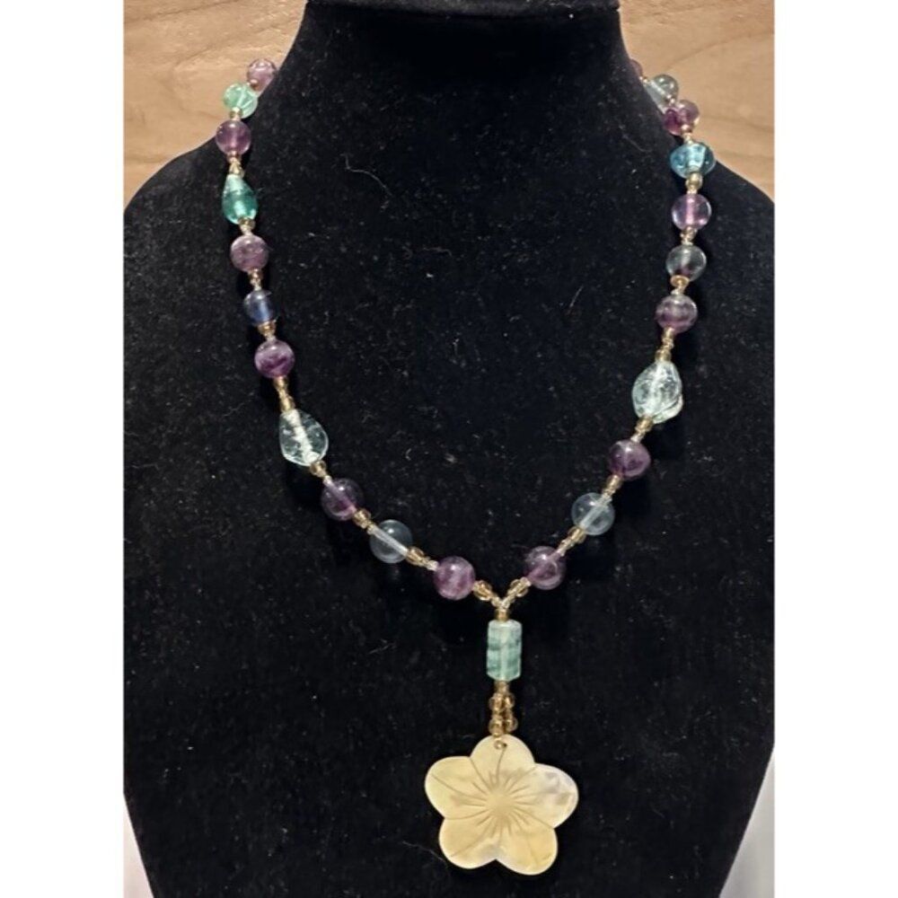 Artisan Crafted Glass Bead Necklace Mother Of Pearl Flower Pendant Boho Beach